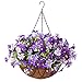Artificial Hanging Flower in Basket for Outdoors Indoors Decor, Hanging Basket with Flower Arrangement, Fake Silk Daisys in 12 inch Coconut Lining Hanging Basket for Home Courtyard Decoration,(Purple)