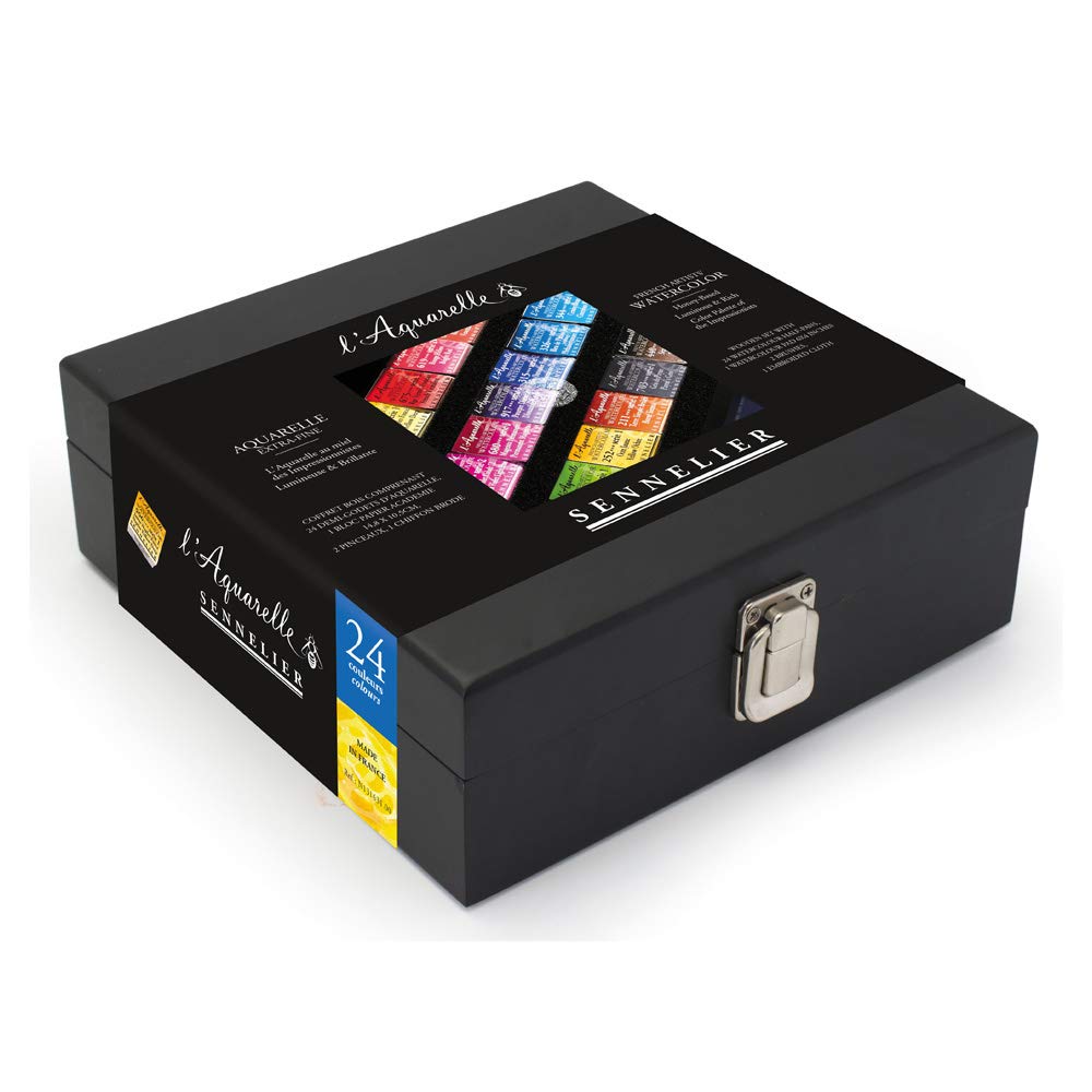 Sennelier Boîte en bois aquarelle pour artistes français, 28 pièces, multicolore