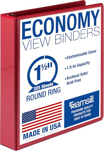 Samsill 1.5 Inch 3 Ring Binder Economy Round Ring Clear View Cover 325 Sheet Capacity - for School Home Office - Red