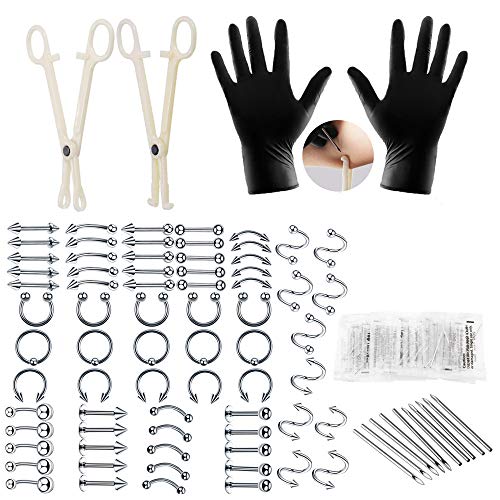 Piercing Kit - Yuelong 93pcs Professional Body Piercing Kit Stainless Steel 16G Piercing Needles Piercing Clamps Belly Ring Tongue Tragus Nipple Lip Eyebrow Nose Ring Body Jewelry Piercing Tools