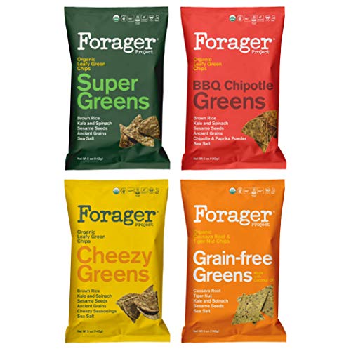 Forager Project Organic Leafy Green Chips, 4 Pack Variety - Corn & Gluten Free - Made with Kale & Spinach (Super Greens, Cheezy Greens, Chipotle BBQ, Grain-Free)