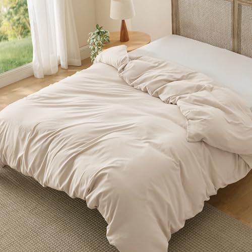 Image of Bedsure Prewashed Cream Duvet Cover King Only, Cotton-Like Feel | 1 Duvet Cover Only, No Pillow Shams, Ultra Soft, Relaxed Texture, Zipper Closure, 8 Corner Ties, Year-Round, Easy Care