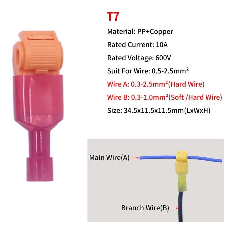 Quick Wiring Clip T Type Stripping Quick Wire Terminal Main Line Branch Fast Crimp Connector Splice Waterproof Set Terminal(14,50 Set - (100 pcs))