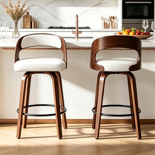 Image of Swivel Bar Stools Set of 1, 26 inch Counter Height Bar Stools with Curved Backrest, Mid-Century Modern PU Fabric Modern Island Chairs with Footrest, for Kitchen, Bar, Restaurant, Cafe, White