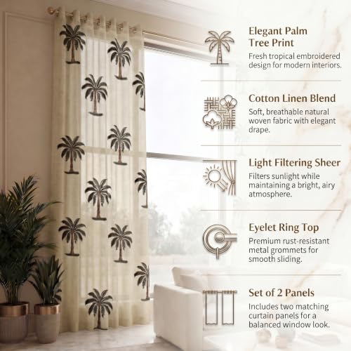 Image of LINENWALAS Cotton Linen Printed Sheer Curtain Set of 2 Panels with Eyelet Hanging, Palm Tree Printed Window Curtains Non Blackout Light Filtering Curtains (5 Feet, Natural Palm Tree)