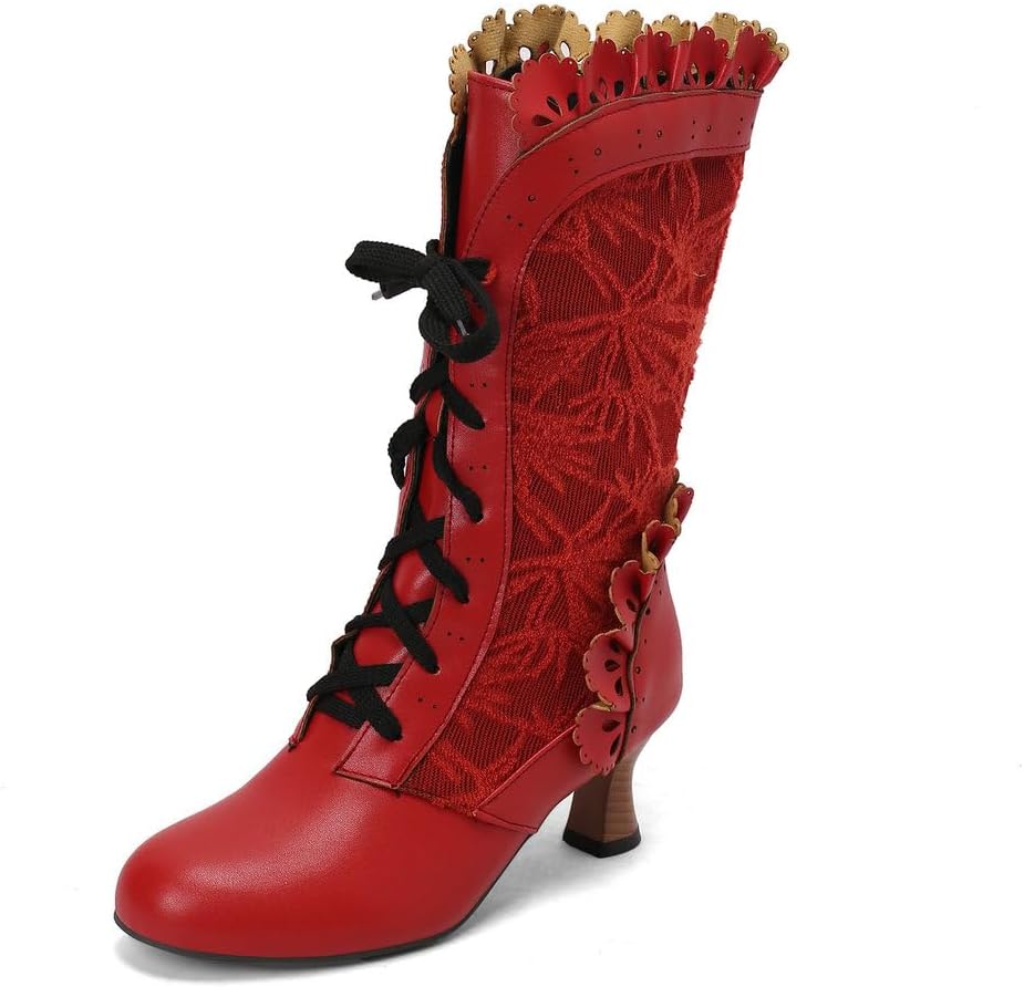 Women Victorian Boots Halloween Witch Granny Costume Medieval Renaissance Gothic Shoes Mid Calf Lace Up Dress kitten Heels Booties (Red-7736, 47, Adult, Women, 12, Numeric, US Footwear Size System, Medium)