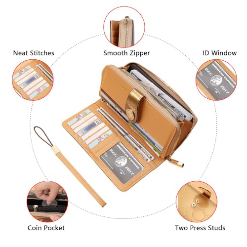 Ladies' fashionable leather wallet, large capacity with multiple card slots, zipper and snap closure, RFID shielded credit card holder for protection, long wallet with wrist strap (Golden)4