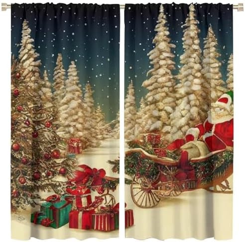 Retro Christmas Night Curtains, Santa Claus with Gifts in The Snow Forest, Blackout Thermal Insulation Rod Pocket Window Treatments for Living Room Bedroom 42×45 Inch