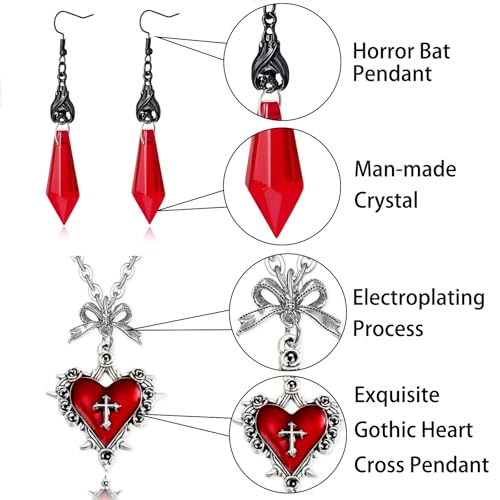 Gothic Bat Earrings and Vampire Necklace Set, Vampire Accessories Women, Halloween Jewelry with Choker, Black Dark Red Heart Pendant Costume Jewelry, Goth Witch Gift Collection.3
