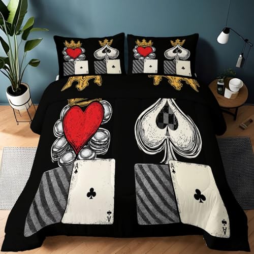 Genérico Edredón Microfibra Reina Y Rey De Póker 4 Estaciones Edredónes Acolchado, Negro Suave Ligera 200 x 200 cm Edredones Estilo De Juego Reversible Edredón Acolchado Sin Funda