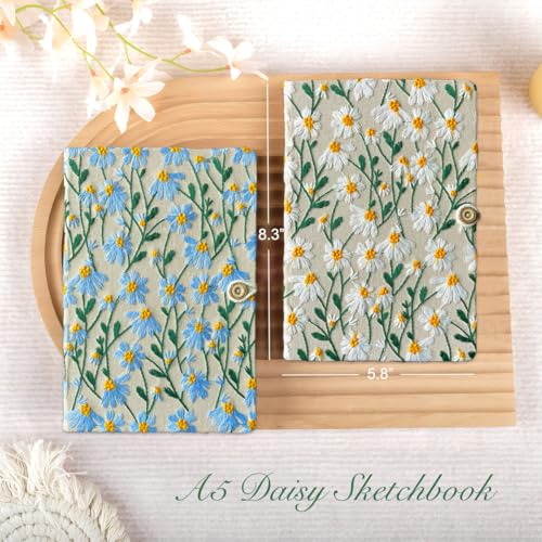 ipoul A5 Skizzenbuch, Blumen-Notizbuch, gestickt, Daisy Geschenke für Frauen, 8 x6, Hardcover, Lay Flat, personalisiertes Notizbuch, ohne Futter, blaue Daisy