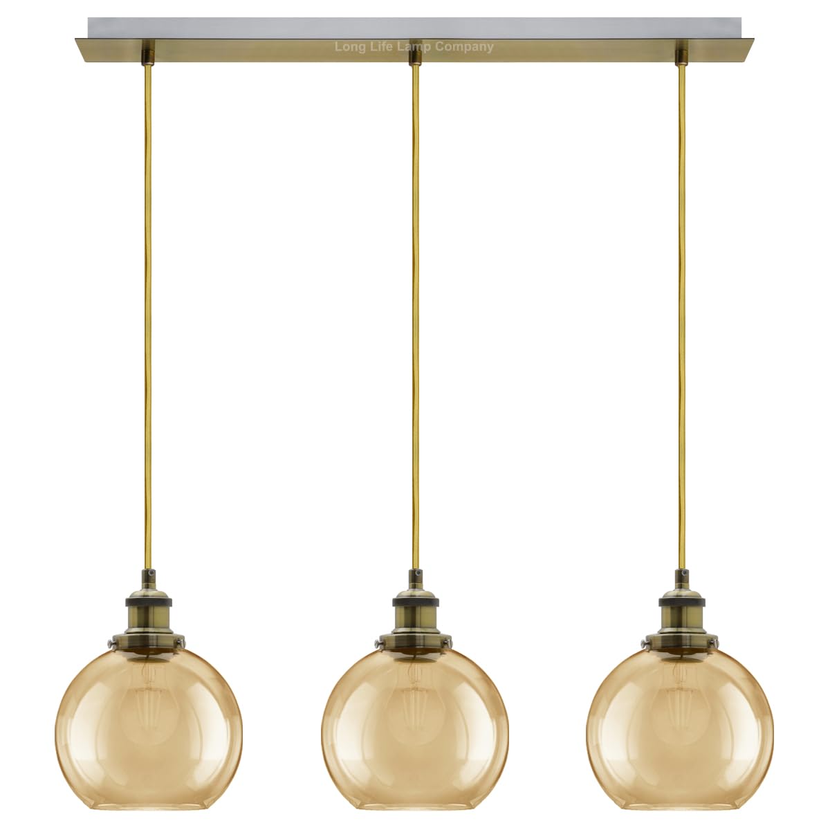 Long Life Lamp Company Amber 3 Lights Pendant Light Cluster Mini Glass Globe Shades Smoked Antique Brass Ceiling Light Fitting H3133