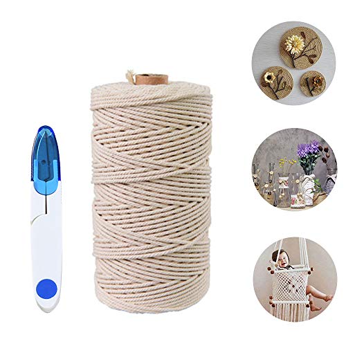 Macrame Cuerda,Hecha a Mano Craft Cuerda,Cordel de Algodón,natural trenzado algodon,Hilo Macramé,para Envolver Regalo Navidad Colgar Fotos Manualidades Costura,Incluye un par de tijeras (200M-3mm)