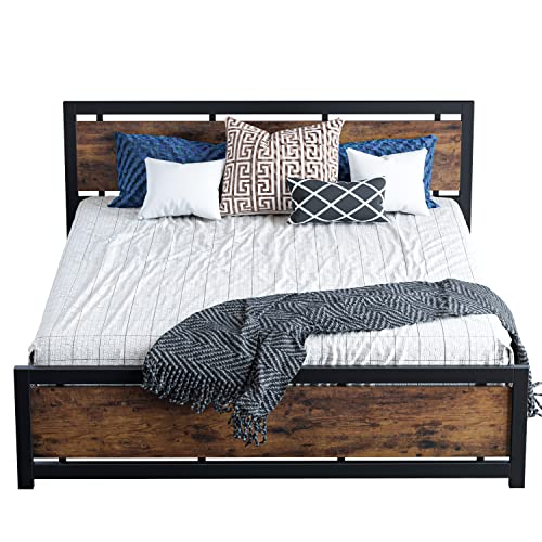 Image of LIKIMIO California King Bed Frames, Platform Bed King with Headboard and Strong Metal Support Frame, Easy Assembly, Noise-Free, No Box Spring Needed, Cal King/Vintage Brown