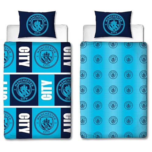 Manchester City FC Housse de Couette Simple Officielle, Design Flashy, Literie Football réversible 2 Faces Bleue Officielle avec taies d’Oreiller Assorties,...