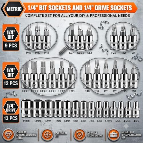 Image of 46PCS Small Drive Socket Ratchet Wrench Screwdriver Set, 1 /4 Inch Metric Socket and Ratchet Wrench Set with Extension Bar, Upgrade Compact Tool Set for Car