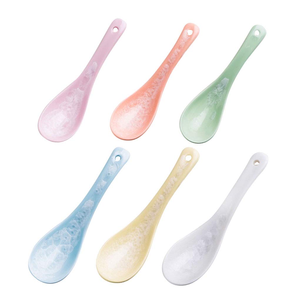Lot de 6 Belles cuillères à Soupe en céramique, cuillère à Manche Court, cuillère à dîner, cuillère à Dessert, 6 Couleurs, 14 cm de Long et 5,5 Pouces de Long,(B)