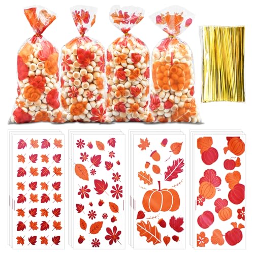 160 Pieces 4 Styles Fall Harvest Cellophane Treat Candy Bags with Twist Ties - Pumpkin and Leaf Designs Clear Goodie Bags for Kids Thanksgiving Day Party Favors and Autumn Snack Decorations