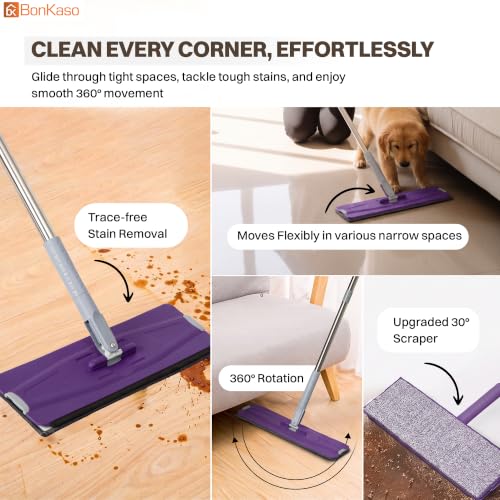 Image of BonKaso Telescopic Flat Mop & Bucket Set with Hands-Free Squeeze System, Microfiber Floor Cleaning Mop for Wet & Dry Cleaning | Includes 2 Reusable Pads for Home, Kitchen, Bathroom & Office | Purple