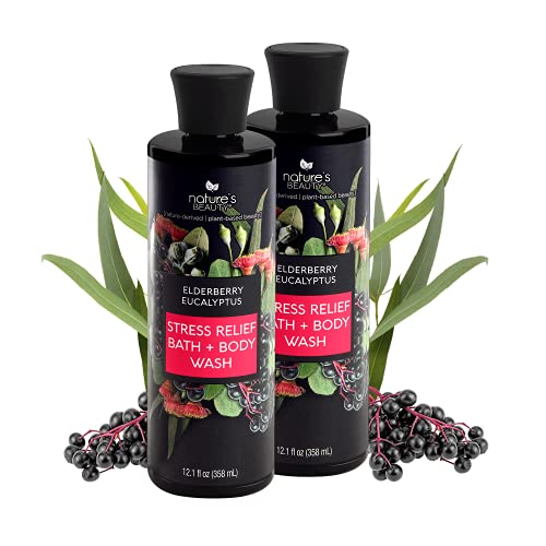 Nature’s Beauty Stress Relief Bath + Body Wash | Clear Your Mind with Elderberry Eucalyptus Body Wash Made with Shea Butter, Avocado + Sweet Almond Oils - 2-pack