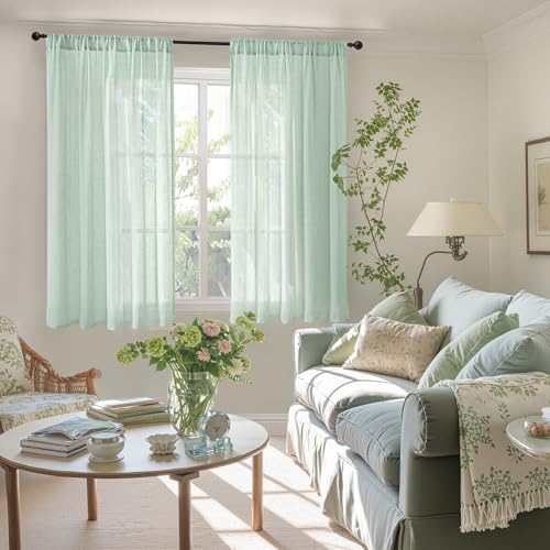 Image of BGment Sage Green Linen Curtains 54 Inch Length for Short Window - Rod Pocket Drapes Light Filtering Sheer Textured for Bedroom Decorative Lightweight Natural Rustic, 2 Panels Set, 42 X 54 Inch