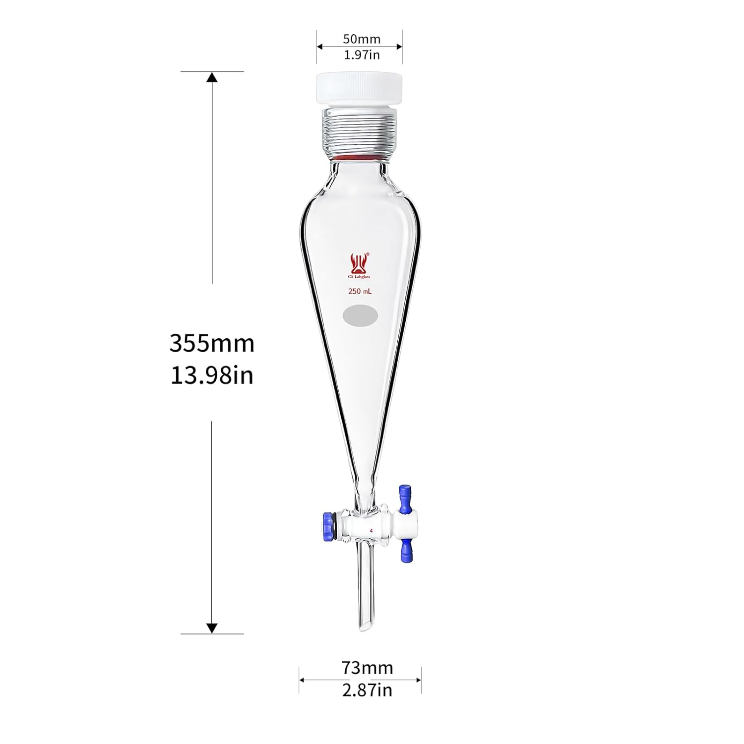250mL Separatory Funnel with 25# Internal Thread and 4mm PTFE Stopcock at Bottom & PTFE25# Stopper at Top, Borosilicate Glass Conical Separatory Funnel, Lab Glassware - 250ml