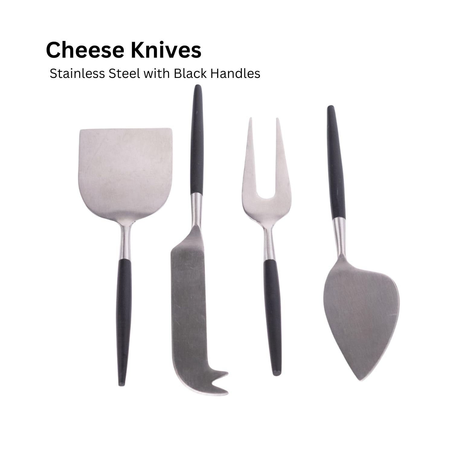 VarEesha Radiant Black Handle Silver Heads Cheese Knives Set | Set of 4 Pieces Cheese Knives, Stainless Steel Cheese Spreader,Slicer,Prongs,Fork 1