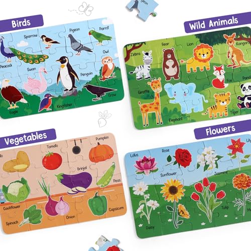 Image of Intelliskills 8-in-1 Jigsaw Learning Puzzle Set for Kids,160 Pieces, 8 Packs, Fruits, Vegetables, Flowers, Birds, Vehicles, Wild, Farm & Aquatic Animals, 3 Years+, BIS Certified, for Gifting