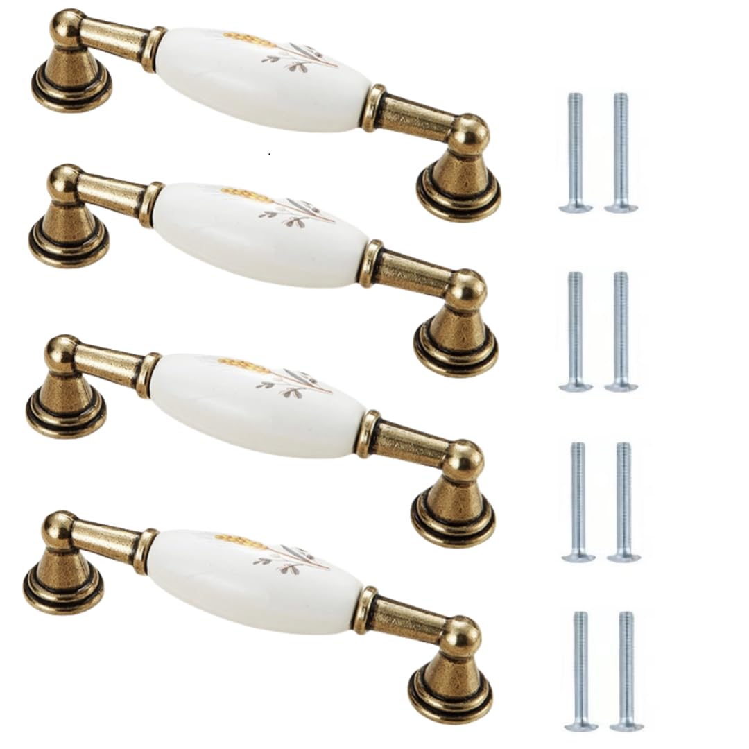 LQZAXSRDR Ceramic Cupboard Drawer Handle Knobs, Ceramic Zinc Alloy Door Knobs and Handles Pack of 4, 16/76/96/128mm Hole Spacings(114 * 29mm)