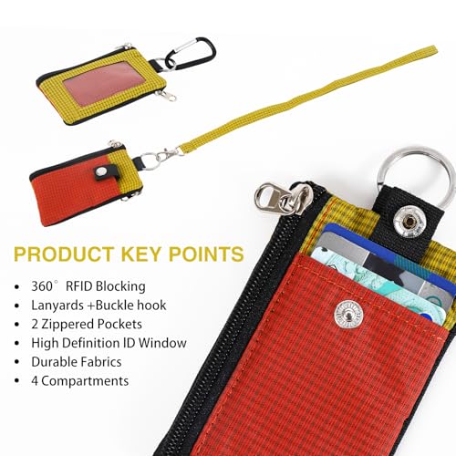 Image of MASAPHlL Small Lanyard Wallet for Women /Men with RFID Blocking ID Card Wallet, Minimalist Nylon Zipper Pouch, Travel Neck Wallet with Keychain, ID Window for Card,Coin,Cash (Deep red+Golden Yellow)