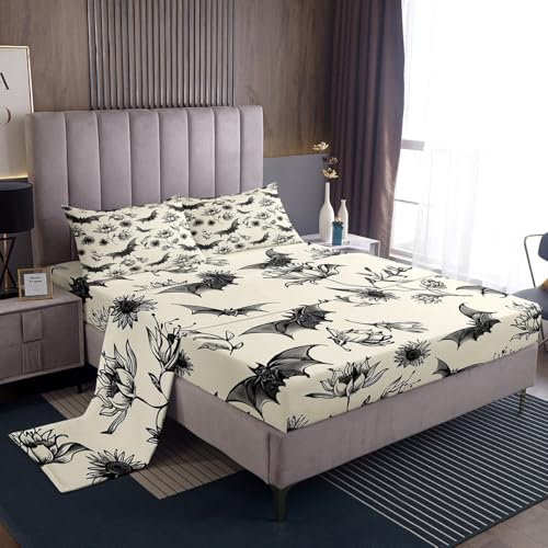 meiyoeat Gothic Bats Bed Sheets Sets Twin Size Kids Boys Girls Boho Floral Flower Bedding Set Spooky Halloween Themed Bed Sheet Set with 16-Inch Deep Pockets 3Pcs with 1 Pillow Cases