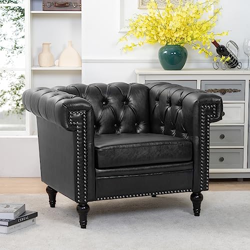 Yuxuanhang Modern Chesterfield Armchair PU Leather, Square Arm Tufted Back Accent Chairs, Upholstery Nailhead Trim for Living Room Office (Black Square Arm)