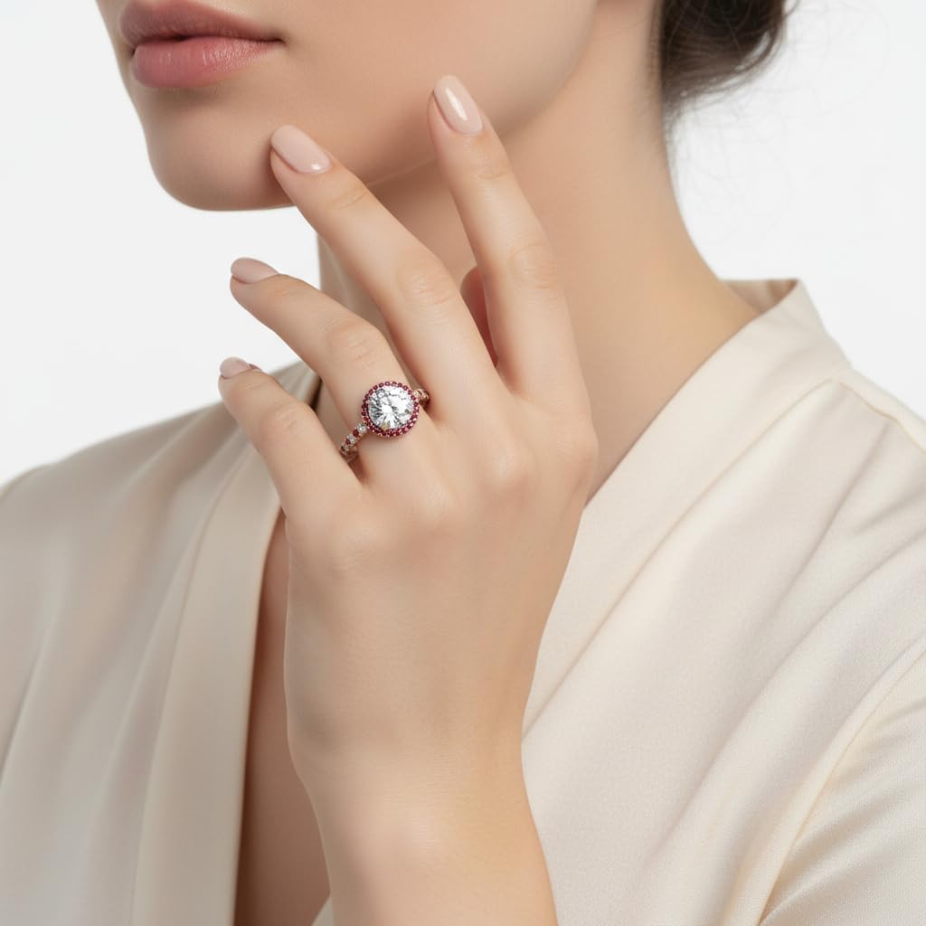 Choose Your Gemstone Pave Halo Vintage Engagement Ring Rose Gold Plated Round Shape Stone Handmade Wedding Promise Ring Gift for Girls & Women US Size 4 to 12