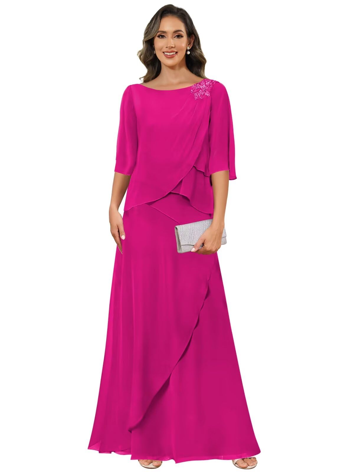 Mother of The Bride Dresses for Wedding Chiffon A Line Long Evening Dresses with Sleeves