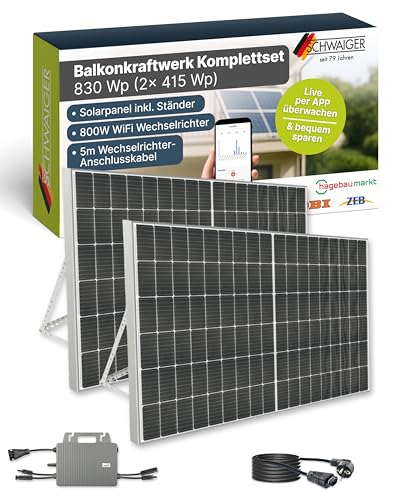 SCHWAIGER Balkonkraftwerk Komplettset 830 Wp I 2× 415 Wp Solarpanels inkl. Ständerwerk, 800W...