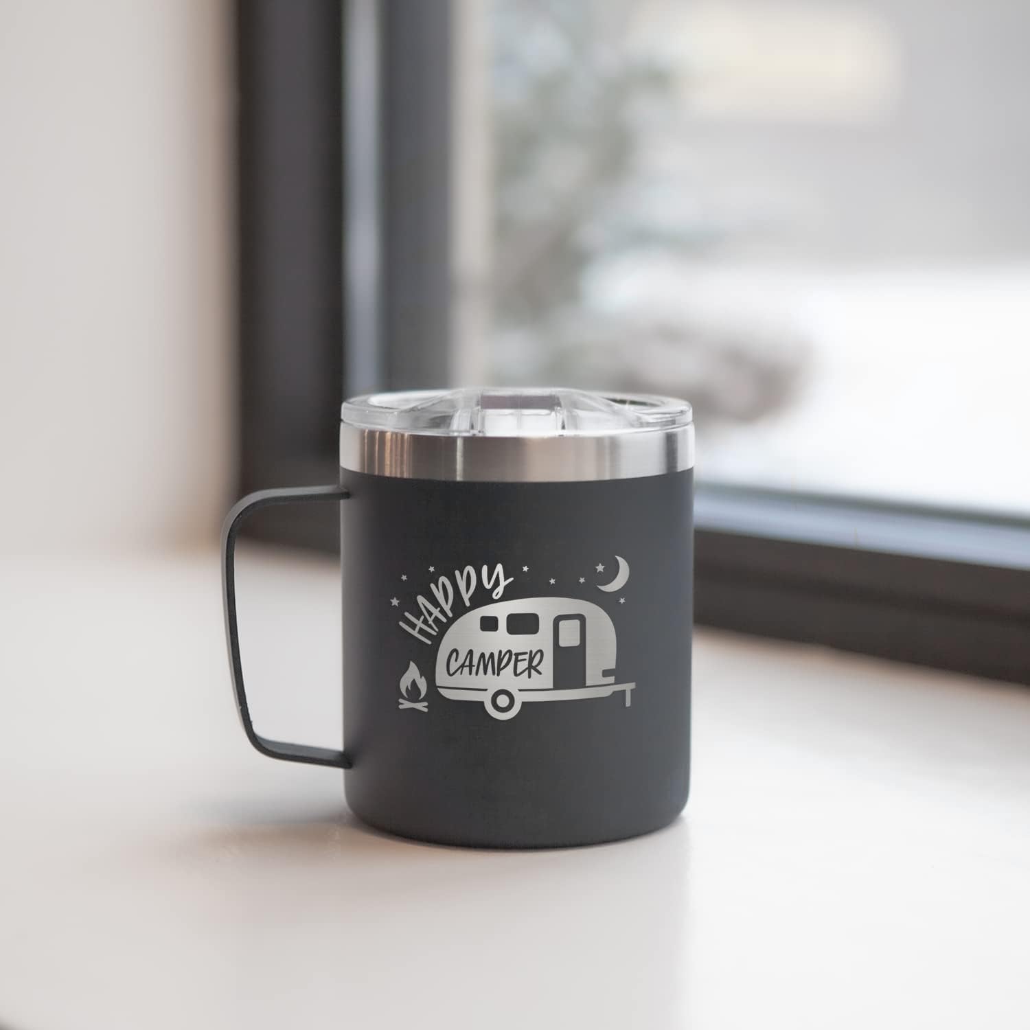 Canopy Street Happy Camper Steel Campfire Mug / 12 Ounce Black Engraved Double Sided To Go Travel Stainless Steel Coffee Mug With Lid / 12 Ounce Outdoor Camping Cup Present - Image 4