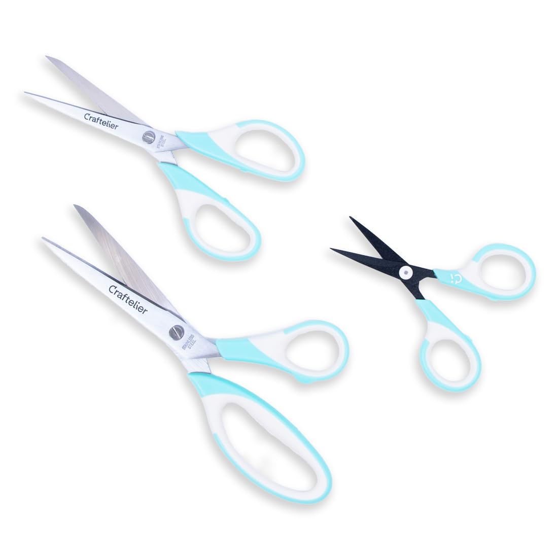 Craftelier - Set of 3 Stainless Steel Scissors in Different Sizes for Crafts - Ergonomic Handle, Turquoise and White