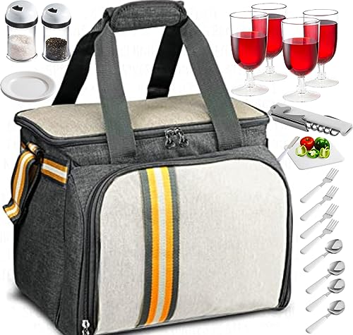 Insulated Picnic Basket Cooler Bag 2-6 People Includes Picnic Cooler, Plates, Wine Cups, Forks, Knives, Salt Pepper Shaker, and More