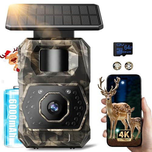 MAXDONE Wildkamera mit Handyübertragung App - Wildtierkamera 4K 64MP WLAN Solar Wildkamera mit 6000mAh Akku & Bewegungsmelder Nachtsicht, 0,1s Auslösezeit, Inklusive 64GB SD Karte, IP66 Wasserdicht