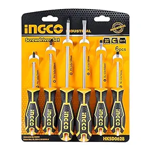 INGCO HKSD0628 6 pcs Round Blade Screwdriver set Industrial Premium Pro-Grade Screwdriver Set with Custom Ergonomic Handle Design Resistant CR-V Steel (Pack of 6)