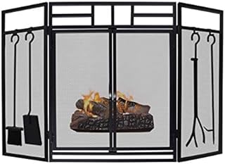 Fireplace Screen, Fireplace Tool Sets, 3-Panel Large Steel Mesh Fireplace Sreen with Doors, Solid Wrought Iron Metal Fire Place Panels, Fire Spark Guard Grate for Living Room, Bedroom Decor