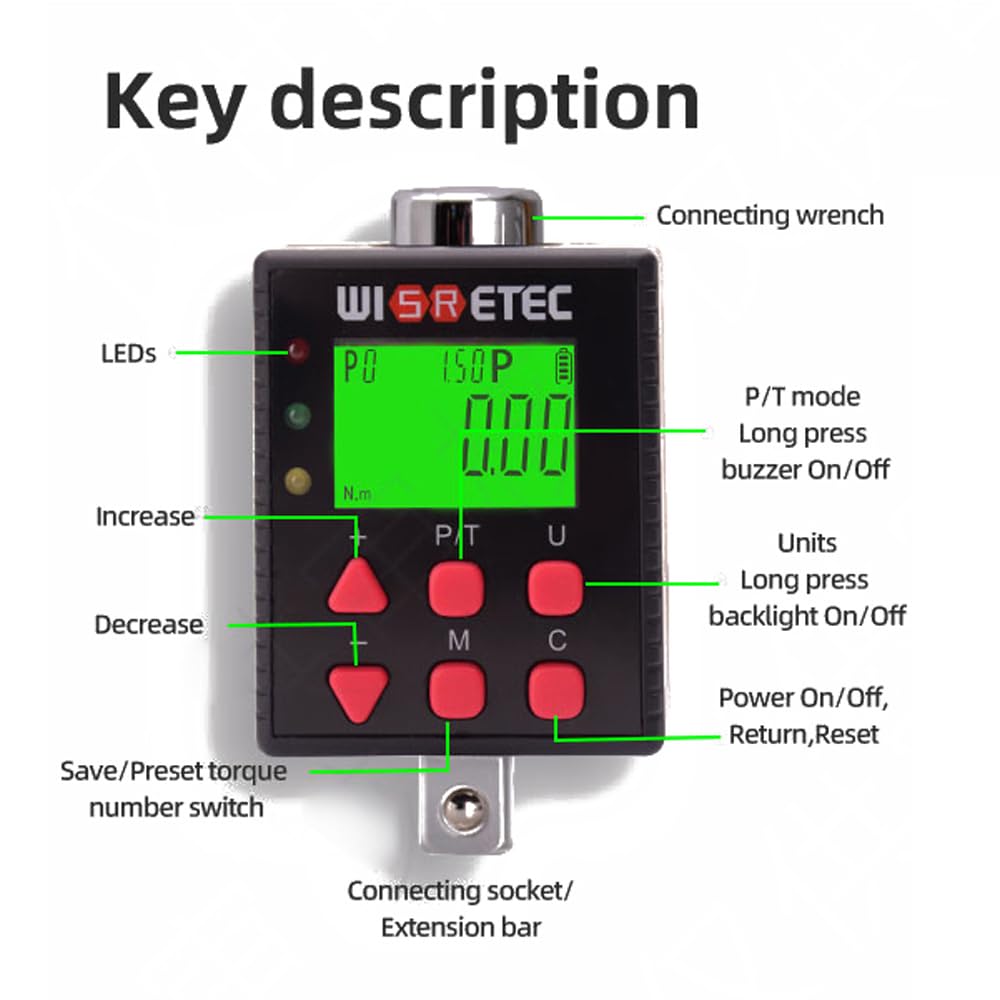 Compteur de couple numérique, affichage numérique rétroéclairé, clé, testeur de couple, deux modes de fonctionnement, cinq unités réglables, commutables avec fonction buzzer et voyant LED