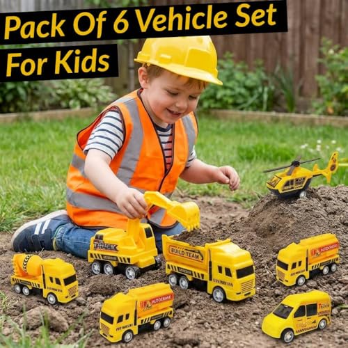 Image of SHAKTISM Construction Vehicle Set of 6 Mini Body Models - Durable Construction Truck Toys for Kids 6 PCS Yellow JCB Construction Vehicle Set, Die-Cast Metal Body, Movable Parts