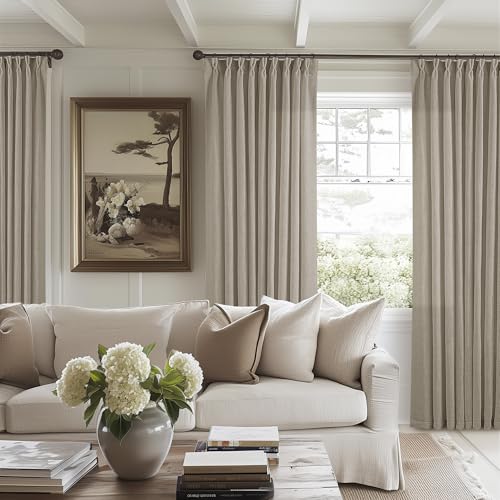 Image of Extra Wide Curtains 90 Inches Long 60 Inch Width for Living Room Bedroom Light Filtering Semi Sheer Farmhouse Pleated Curtain Hooks Rings for Patio Sliding Door Large Window Burlywood Taupe 1 Panel