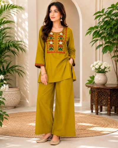 Image of Women's Embroidered Kurta Palazzo Set | Ethnic Co-Ord Set with Printed Design | Casual Traditional Outfit.