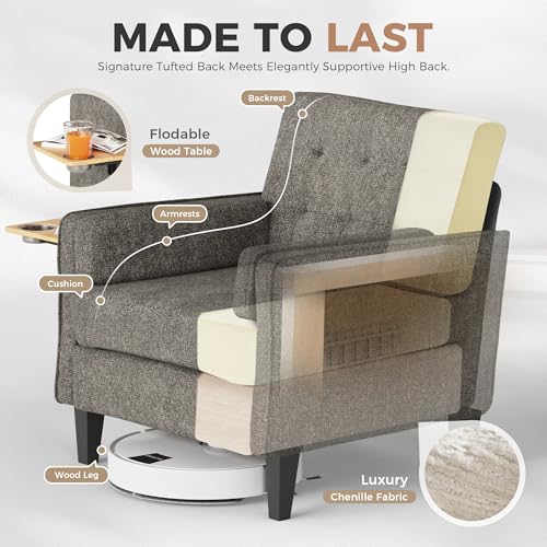 Image of Chenille Accent Chair, Mid Century Modern Arm Chair with Foldable Wooden Side Table & Cup Holder - Comfy Reading Chair for Bedroom,Living Room Chairs,Single Sofa Chair, Dark Grey