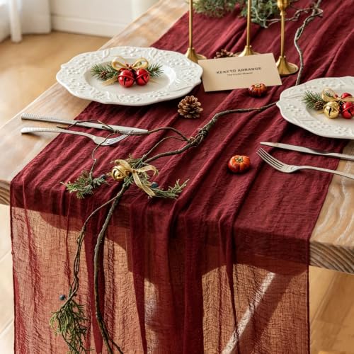 Image of Fall Christmas Decorations Burgundy Cheesecloth Table Runner 120 Inches