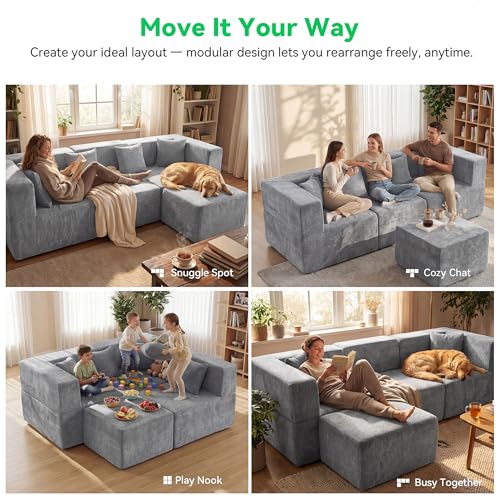 Image of MONVANE 103'' Oversized Boneless Sectional Couches for Living Room, 4-Seat L Shaped Cloud Couch, Modular Sofa with Ottoman & 4 Throw Pillows, Comfy Chenille, No Assembly Required, Light Gray