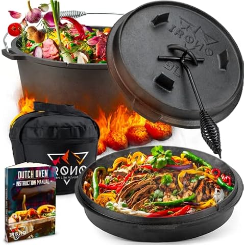 IRONO - Dutch Oven - 9 Liter - Dutch Oven Zubehör Set - Feuertopf - Gusseisen Topf - Gusseisenpfanne - Dutsch-Oven - BBQ Topf - Vorgewürzt - Inkl. Deckelheber, Aufbewahrungstasche & Manuell Cover