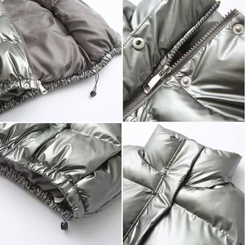 FindThy Women’s Cropped Puffer Vest Shiny Metallic Stand Collar Sleeveless Winter Quilted Down Jacket Coat with Pockets4